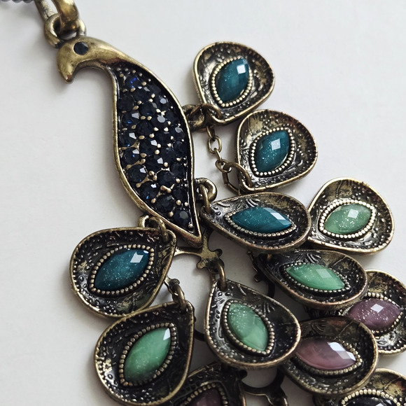 Peacock Chandelier Pendant Necklace Colorful Stones Boho Festival Cocktail Retro - Picture 5 of 12